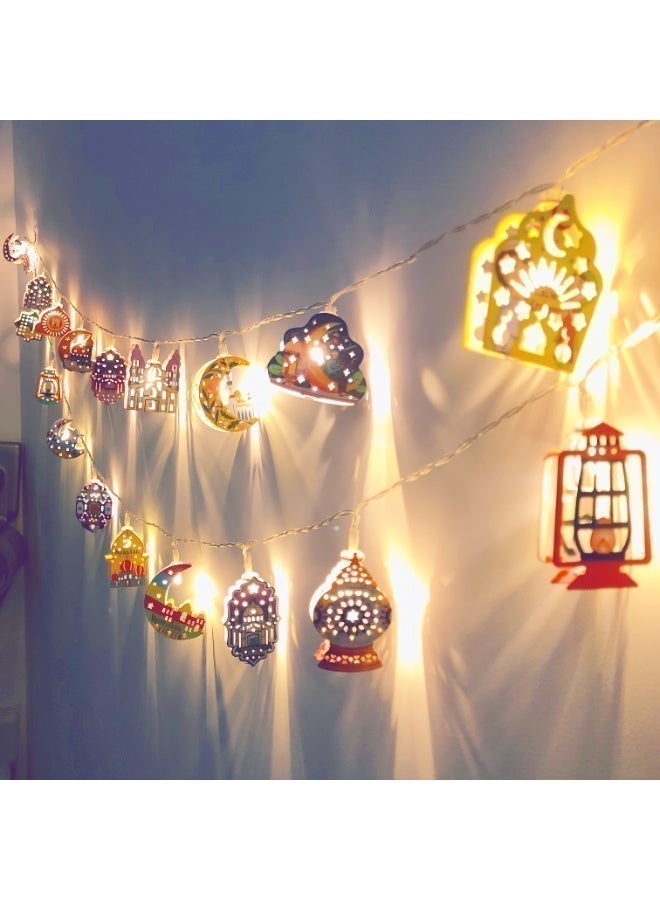 حبل إضاءة زينة رمضان (1.65 متر) - 10 لمبات LED بتصاميم إسلامية ملونة (هلال، نجمة، فانوس) - يعمل بالبطارية لتزيين المنزل في رمضان والعيد - Image 1